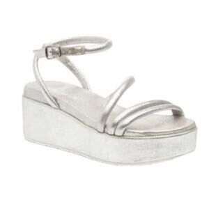 NEW J/SLIDES Quilt Platform Wedge Sandal in Silver Metallic Leather Womens 9
